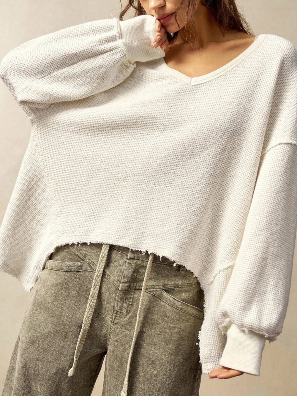 White Casual Women's V-Neck Long Sleeve Loose Washed Sweatshirt